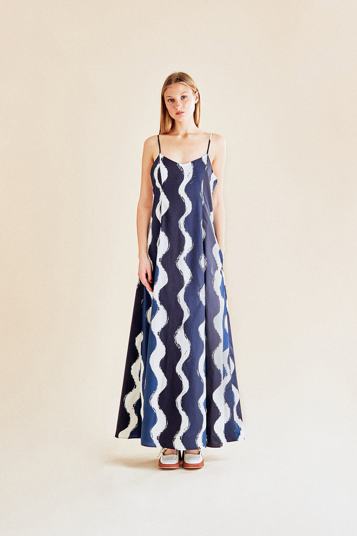 Jour Né Robe En Popeline Imprimé Vagues Bleue
