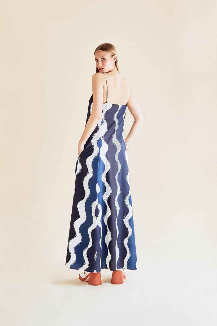 Jour Né Robe En Popeline Imprimé Vagues Bleue