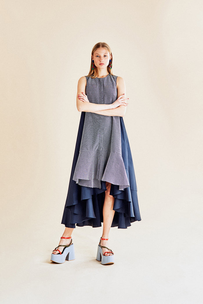 Jour Né Robe Volume Bi-matière Navy