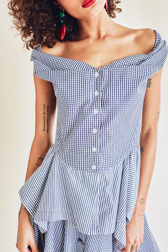 Jour Né Top Façon Corset Vichy Navy