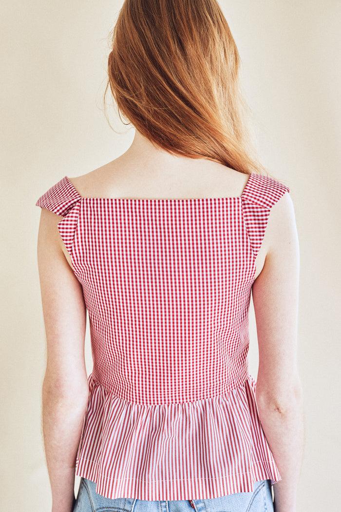 Jour Né Top Façon Corset Vichy Rouge