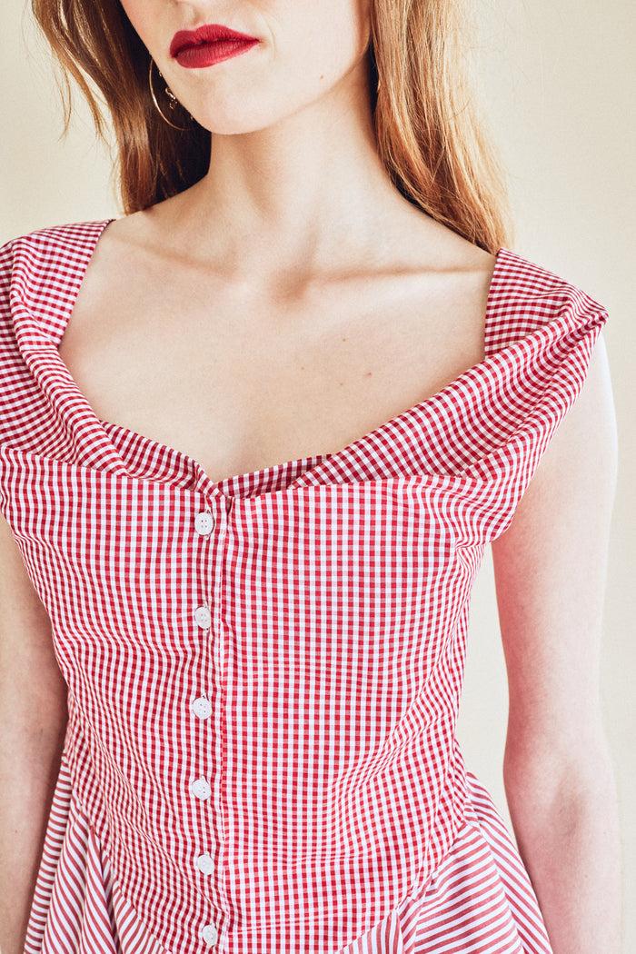 Jour Né Top Façon Corset Vichy Rouge