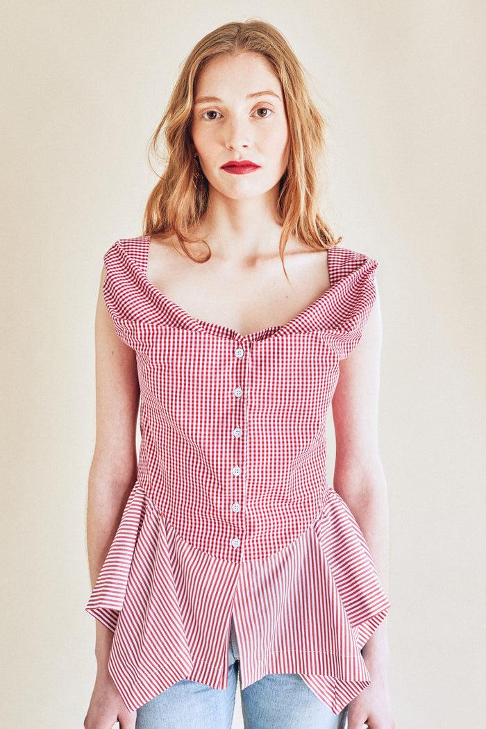 jour né Top façon corset vichy rouge