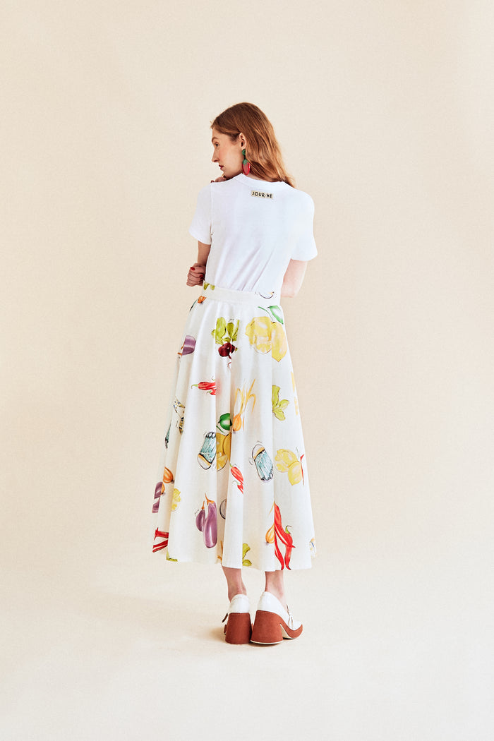 jour né Jupe soleil à imprimé légumes méditerranéen ivoire
