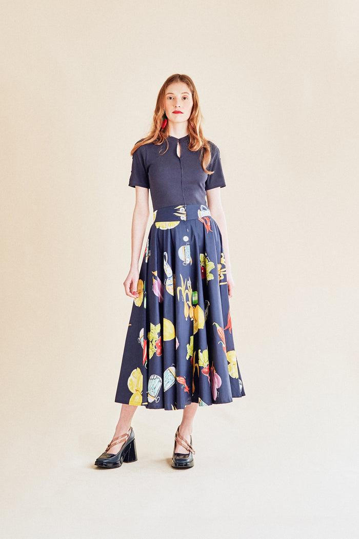 Jour Né Jupe Soleil à Imprimé Légumes Méditerranéen Navy