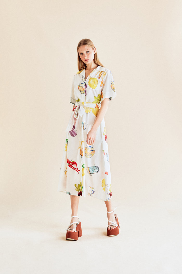 Jour Né Robe Chemise à Imprimé Légumes Méditerranéen Ivoire