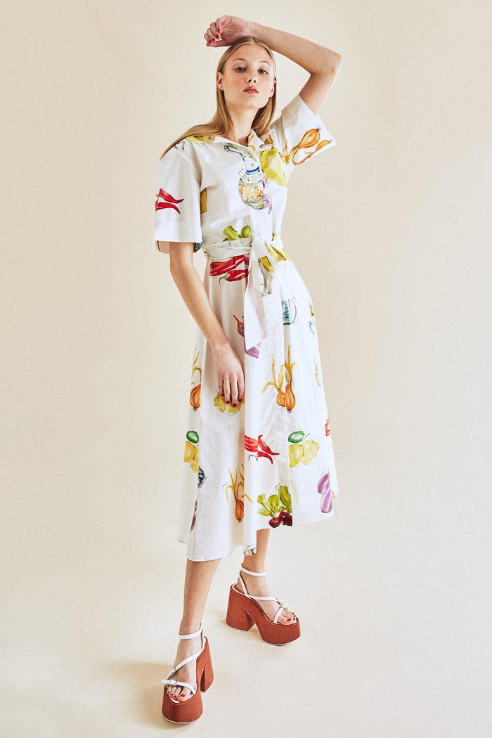 Jour Né Robe Chemise à Imprimé Légumes Méditerranéen Ivoire