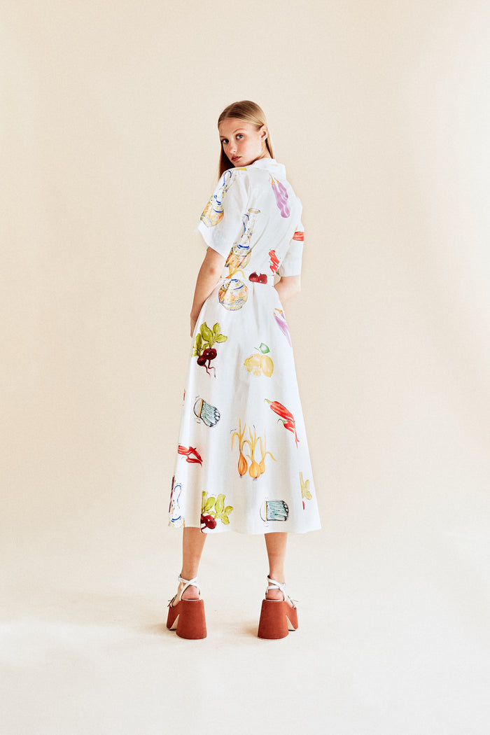 Jour Né Robe Chemise à Imprimé Légumes Méditerranéen Ivoire