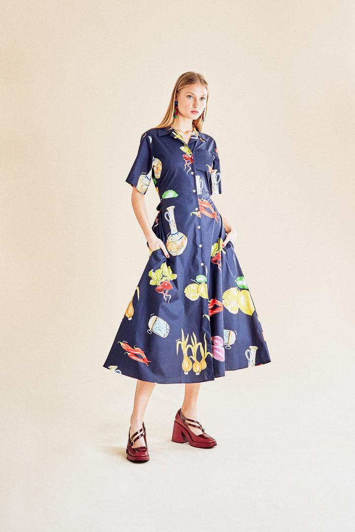 Jour Né Robe Chemise à Imprimé Légumes Méditerranéen Navy