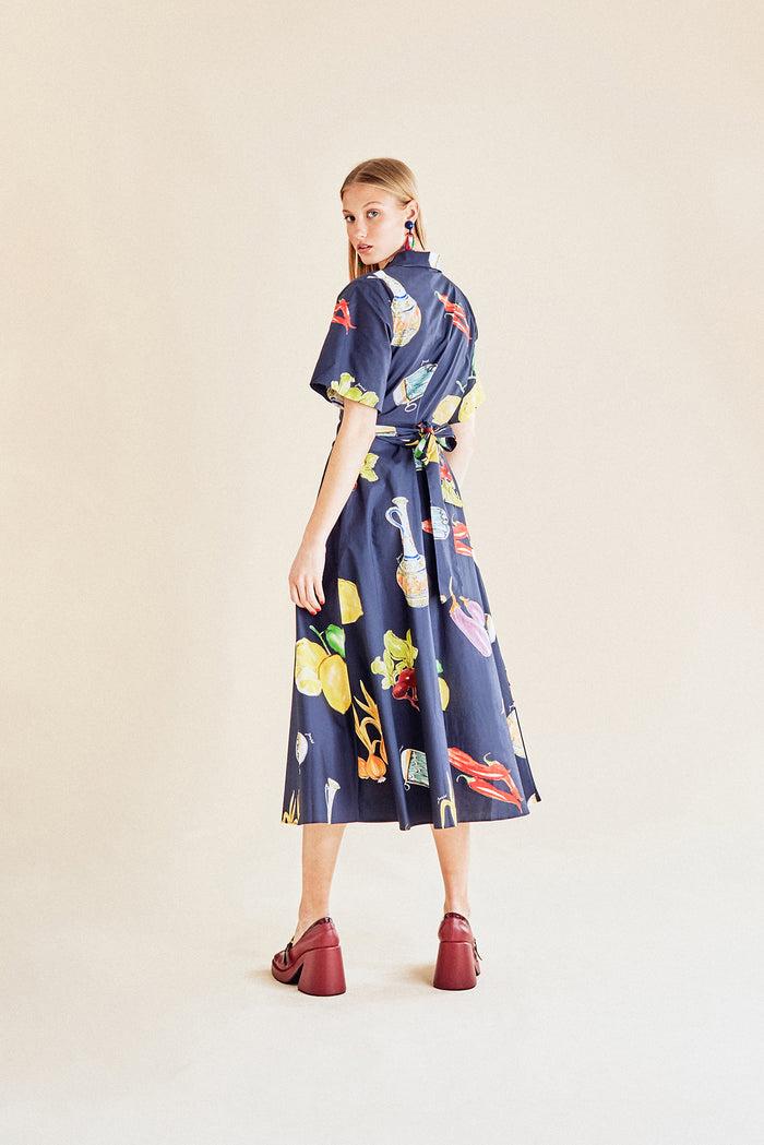 Jour Né Robe Chemise à Imprimé Légumes Méditerranéen Navy