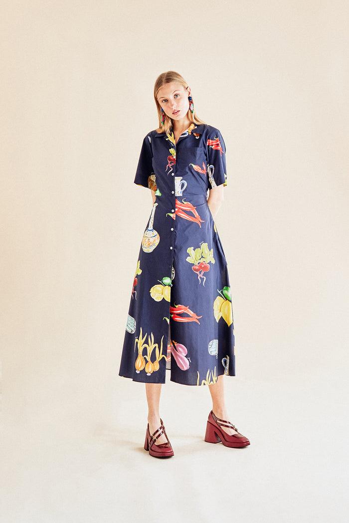 jour né Robe chemise à imprimé légumes méditerranéen navy