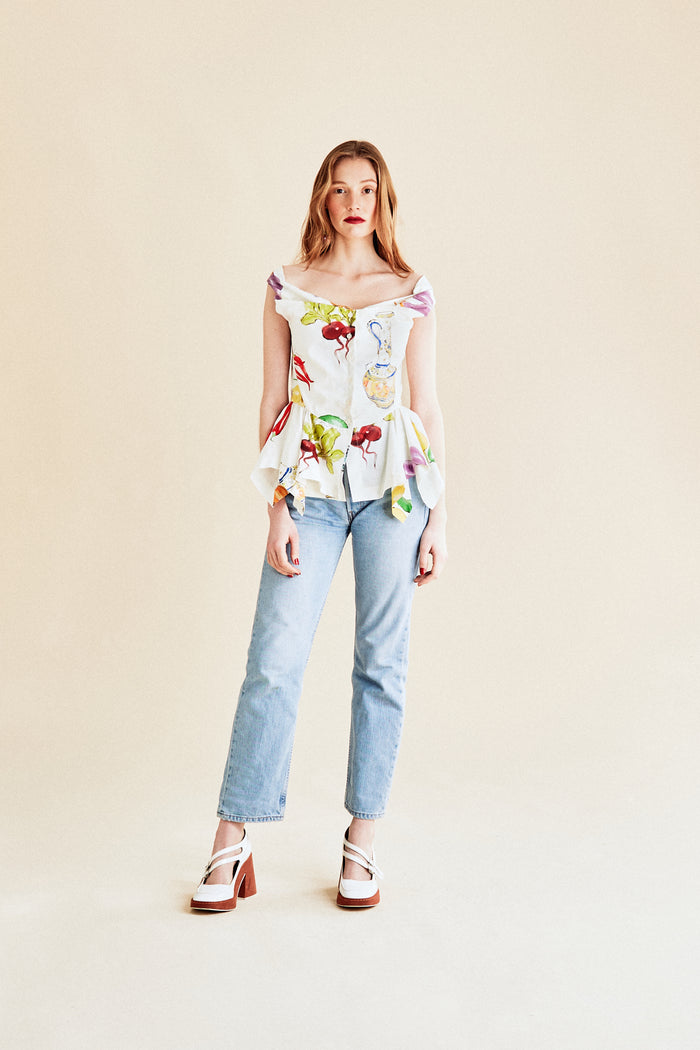 Jour Né Top Façon Corset Imprimé Méditerranéen Ivoire