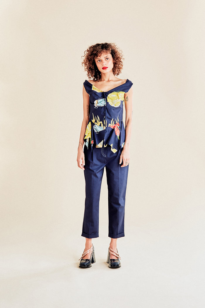 jour né Top façon corset imprimé méditerranéen navy