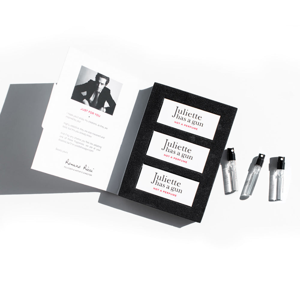 juliette has a gun Coffret échantillons personnalisé Avis : 10 reviews Le cadeau parfait pour soi ou à offrir 1. Sélectionnez 3 échantillons parmi notre collection. 2. Prenez le temps d'explorez notre univers confortablemen