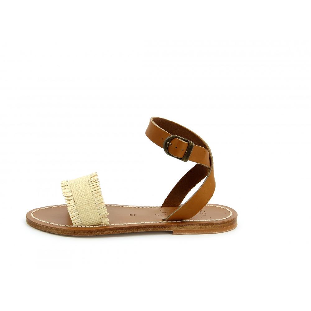 K.JACQUES ASSOUAN Sandales Plates Raffia Cuir Pul Café