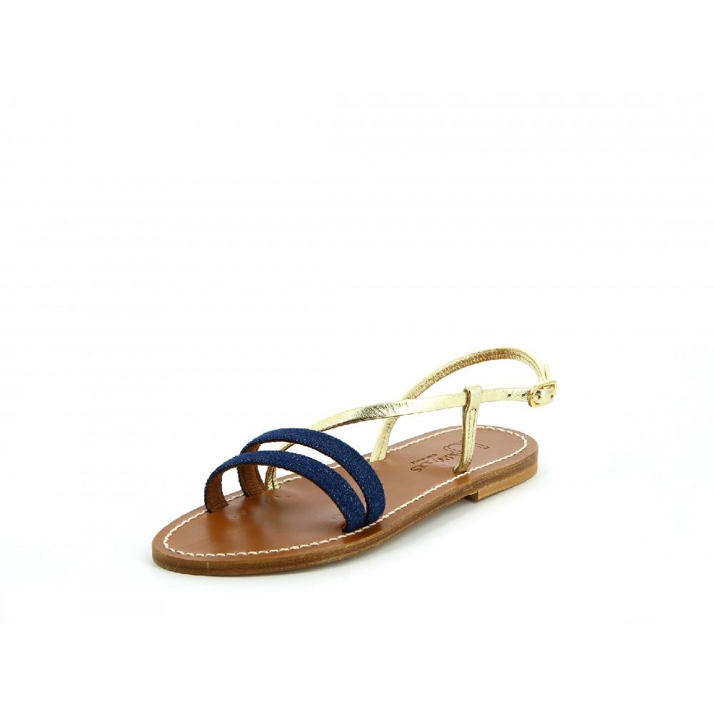 K.JACQUES EDMEE Sandales Plates Jeans Marine Cuir Métal Doré