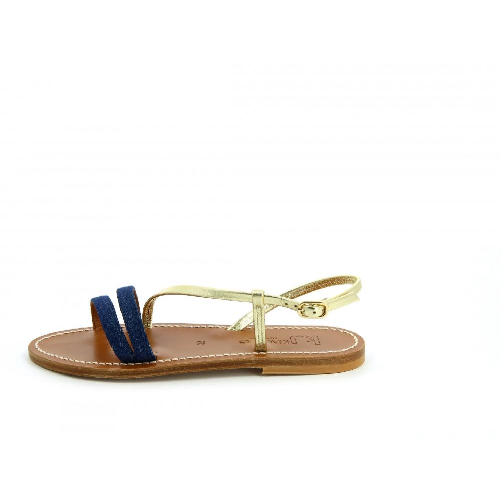 K.JACQUES EDMEE Sandales Plates Jeans Marine Cuir Métal Doré
