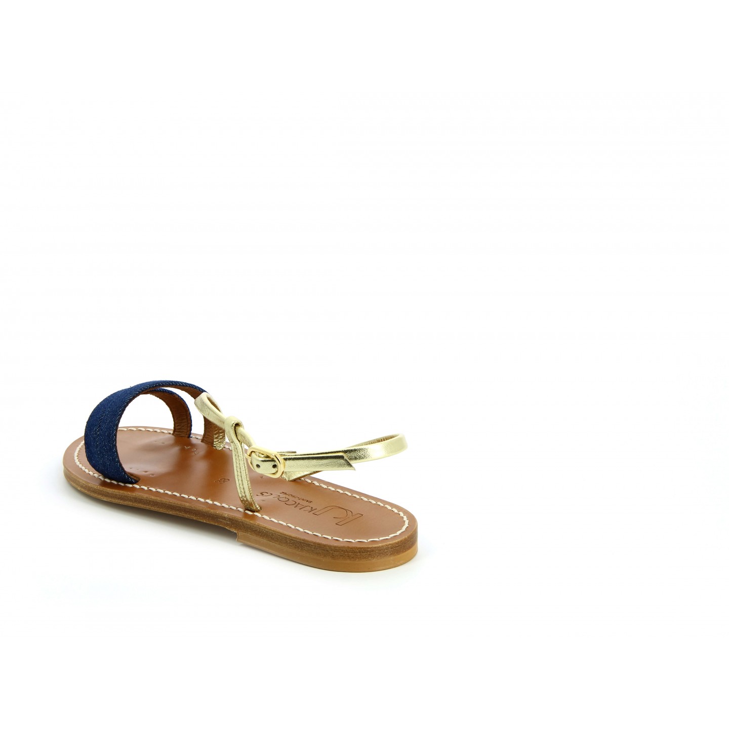 K.JACQUES EDMEE Sandales Plates Jeans Marine Cuir Métal Doré