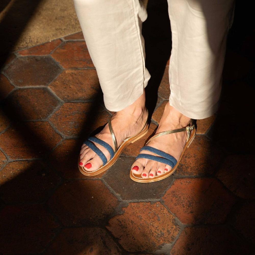 K.JACQUES EDMEE Sandales plates Jeans Marine Cuir Métal Doré