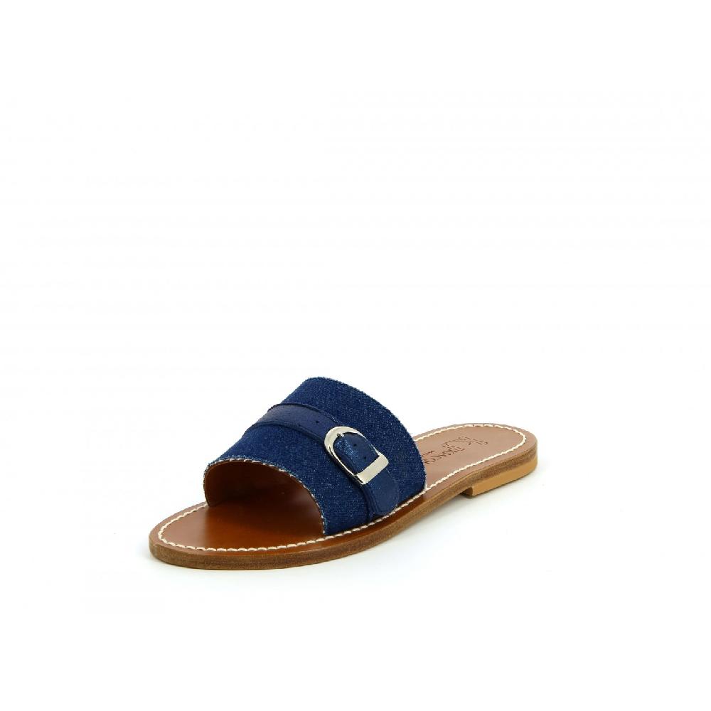 K.JACQUES FRAGOLA Sandales Plates Jeans Marine Cuir Velours Métal Pacific