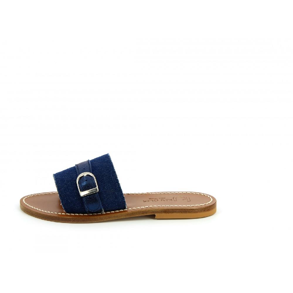 K.JACQUES FRAGOLA Sandales Plates Jeans Marine Cuir Velours Métal Pacific