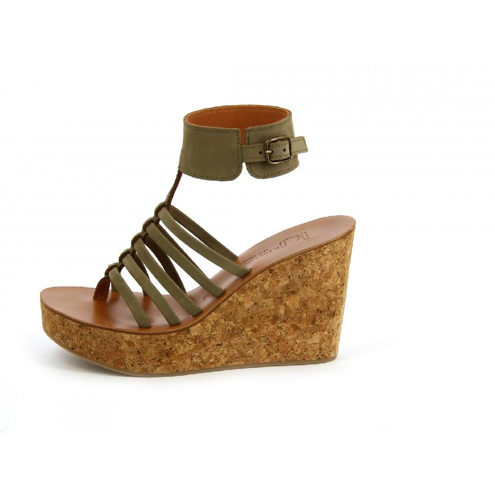 K.JACQUES LEHORA Sandales Compensées Cuir Nubuk Kaki