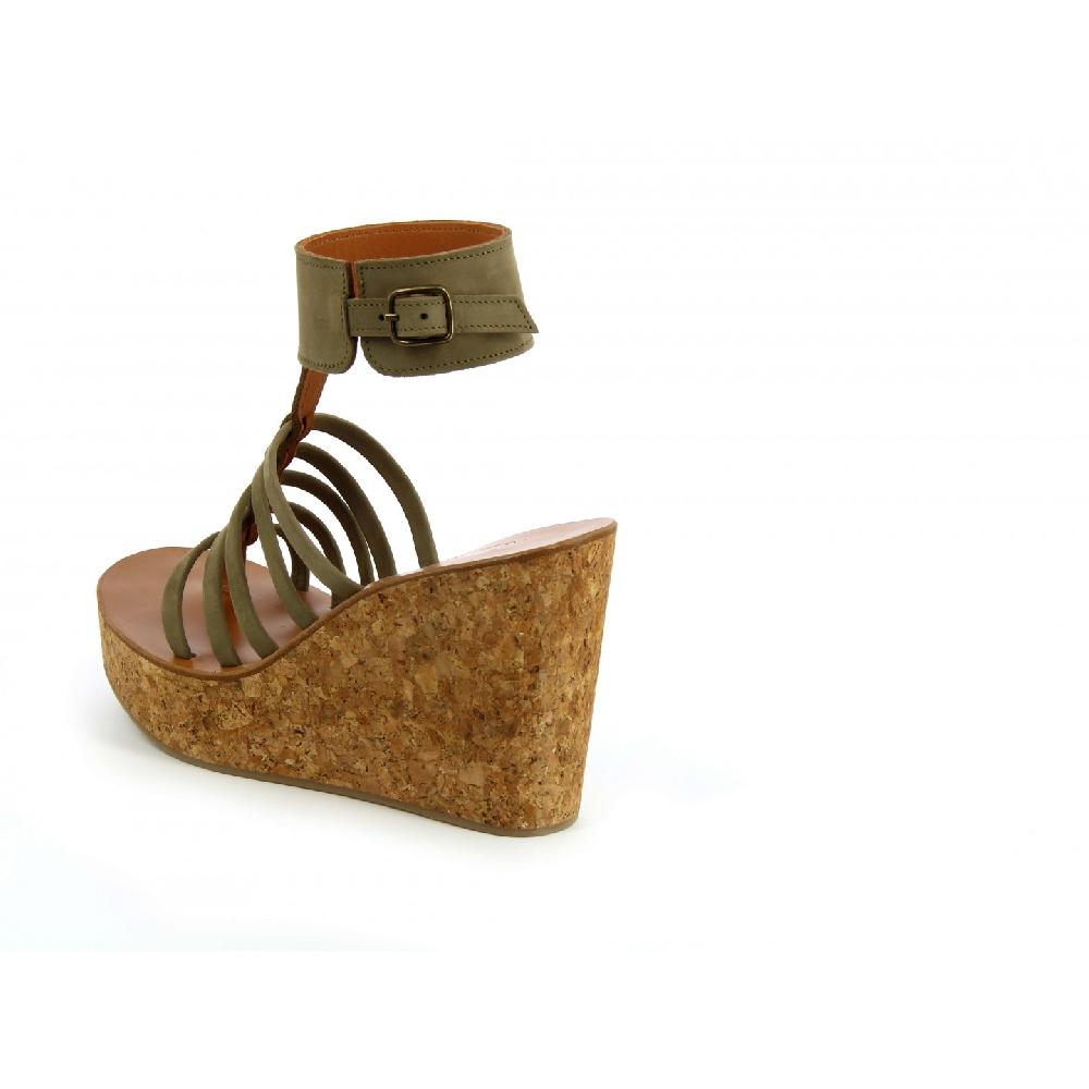 K.JACQUES LEHORA Sandales Compensées Cuir Nubuk Kaki