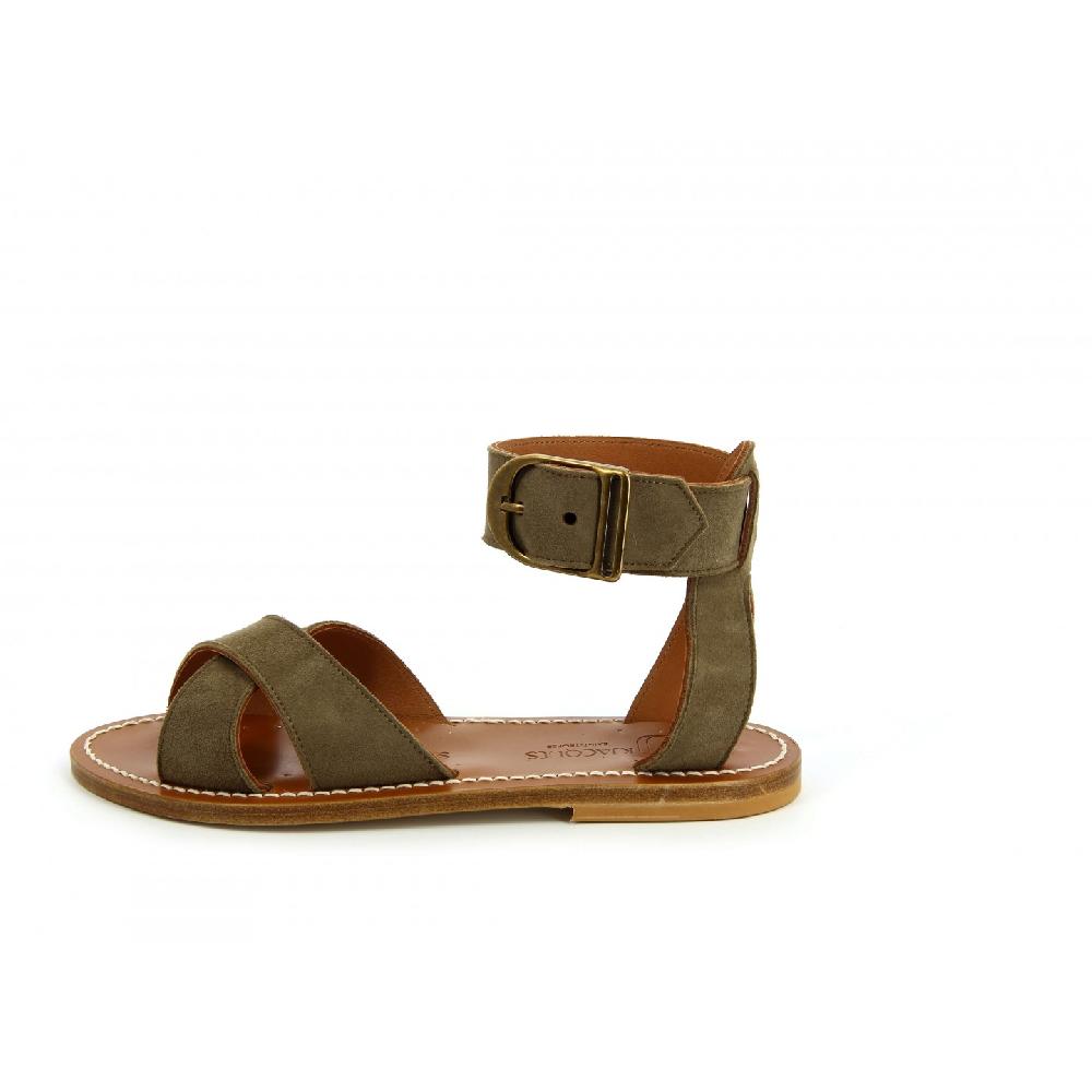 K.JACQUES LORIANE Sandales Plates Cuir Velours Fango