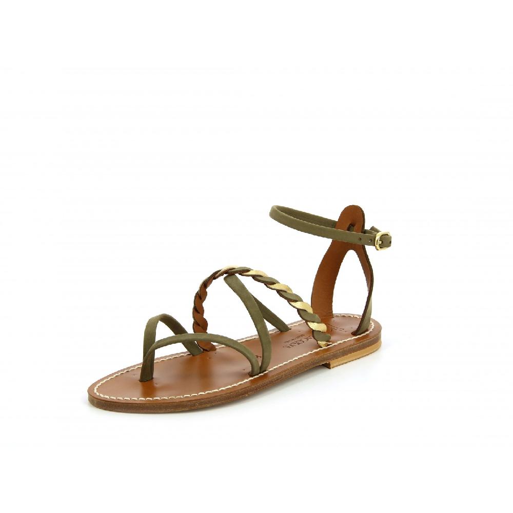 K.JACQUES MALOUINE Sandales Plates Cuirs Nubuck Kaki Combi Or