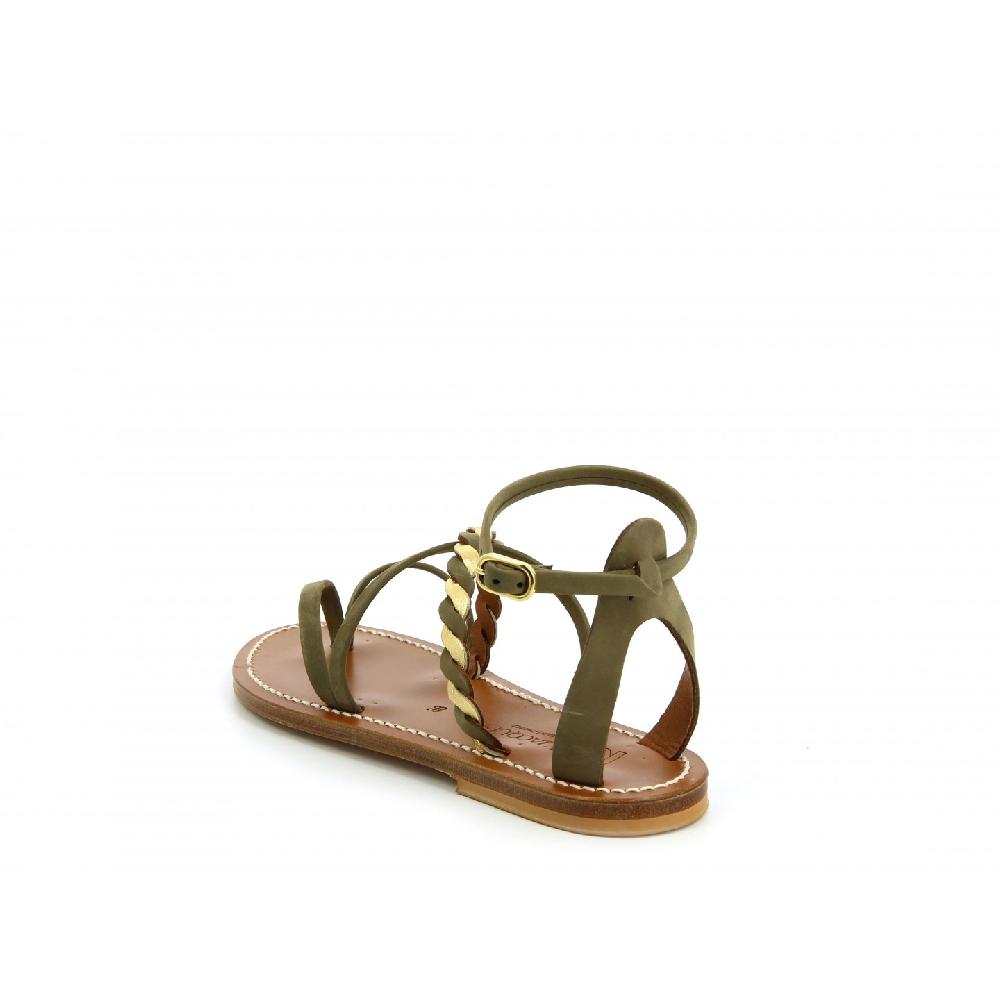K.JACQUES MALOUINE Sandales Plates Cuirs Nubuck Kaki Combi Or