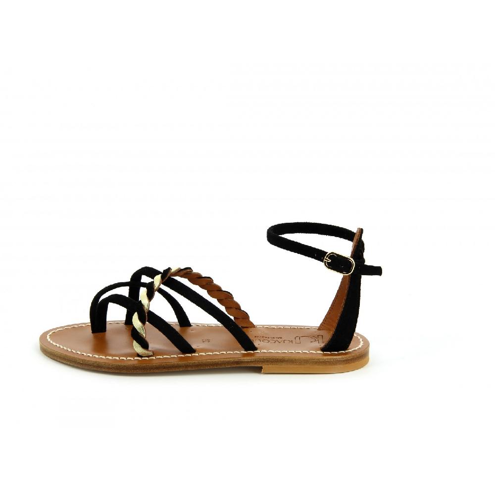 K.JACQUES ODENAT Sandales Plates Cuirs Velours Noir Métal Doré