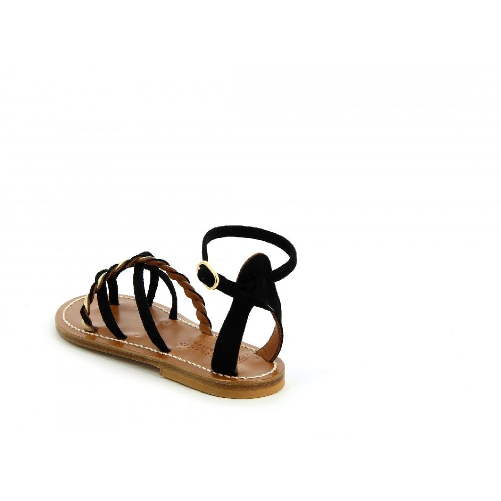 K.JACQUES ODENAT Sandales Plates Cuirs Velours Noir Métal Doré