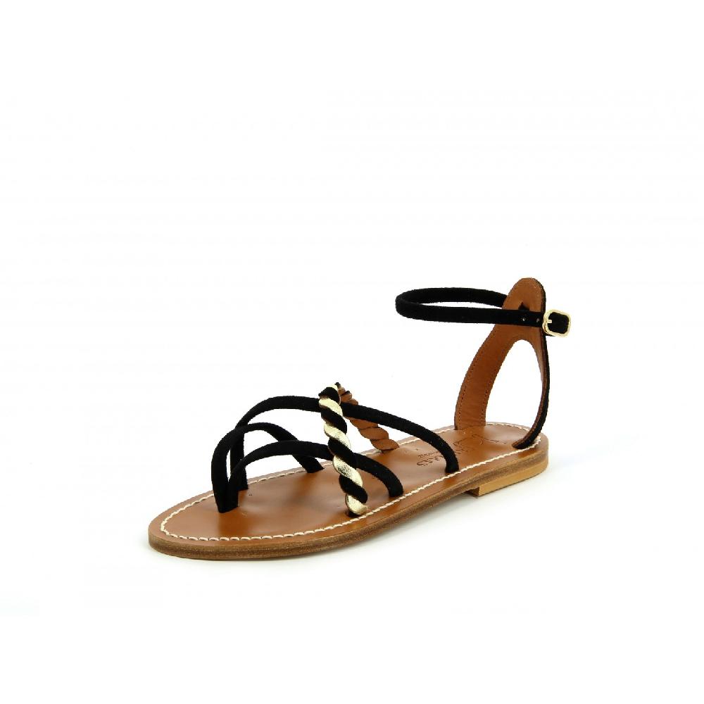 K.JACQUES ODENAT Sandales plates Cuirs Velours Noir Métal Doré