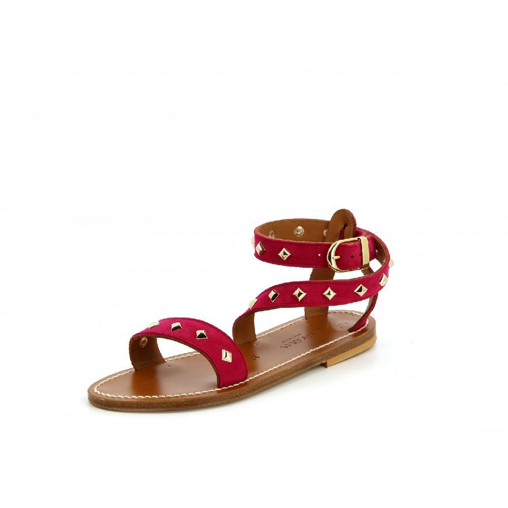 K.JACQUES SHARKANPYR Sandales Plates Cuir Velours Framboise Or