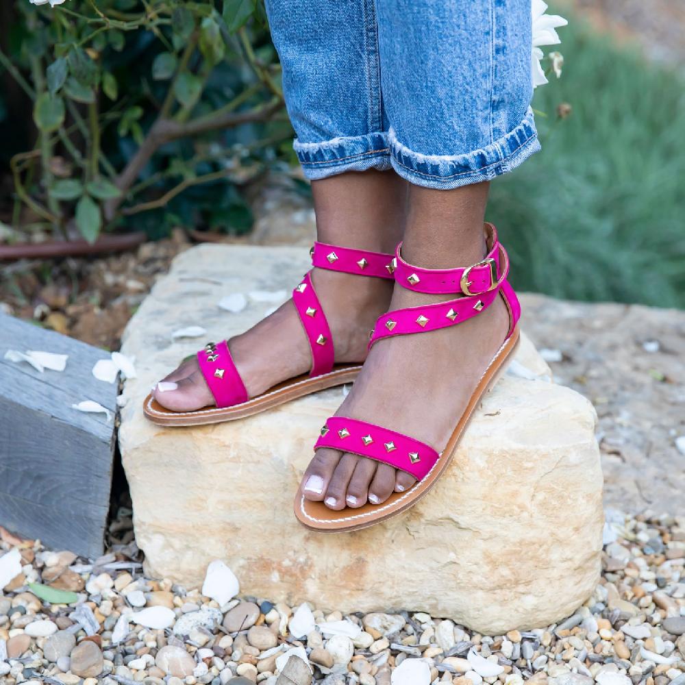 K.JACQUES SHARKANPYR Sandales plates Cuir Velours Framboise Or