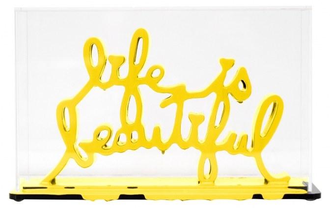 k.olin tribu Sculpture Life Is Beautiful Yellow by Mr Brainwash