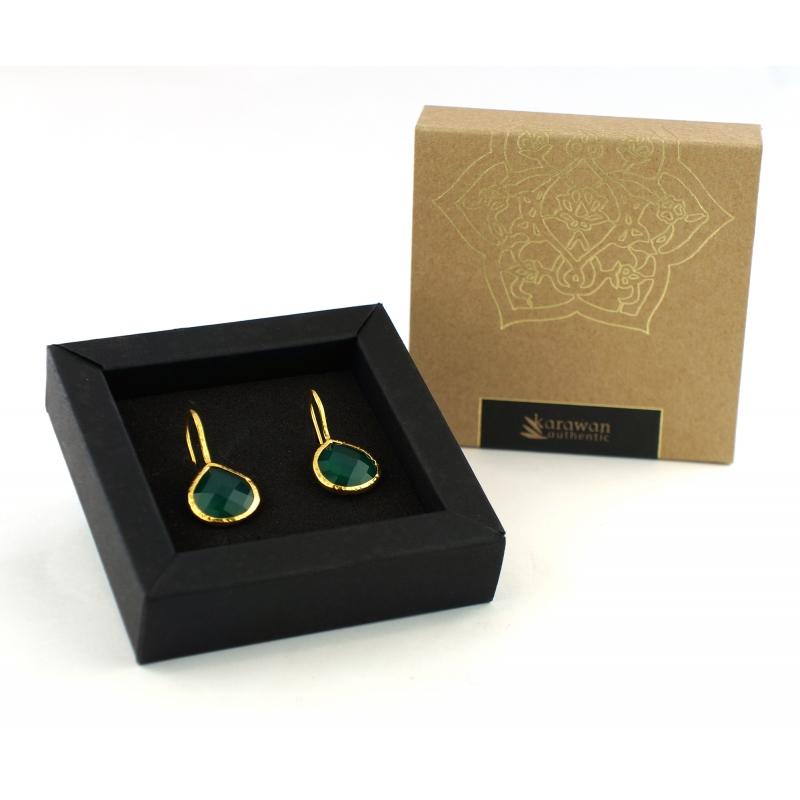 Karawan Authentic Boucles D'oreilles Plaqué Or "Drop" Onyx Vert