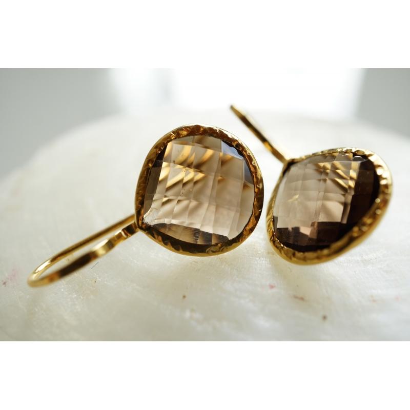 Karawan Authentic Boucles D'oreilles Plaqué Or "Drop" Quartz Fumé