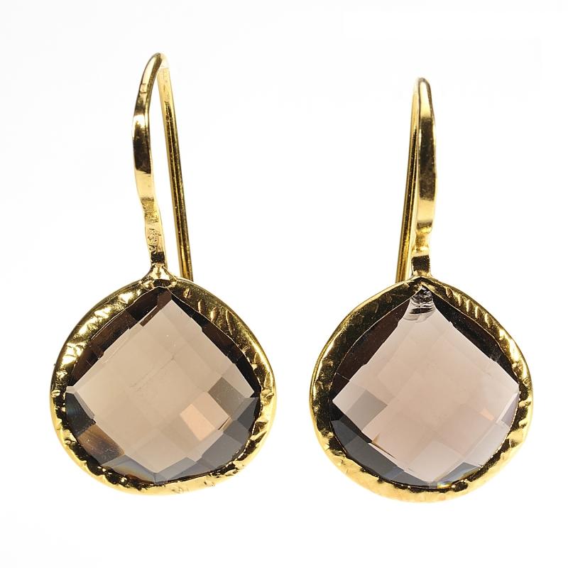 Karawan Authentic Boucles D'oreilles Plaqué Or "Drop" Quartz Fumé