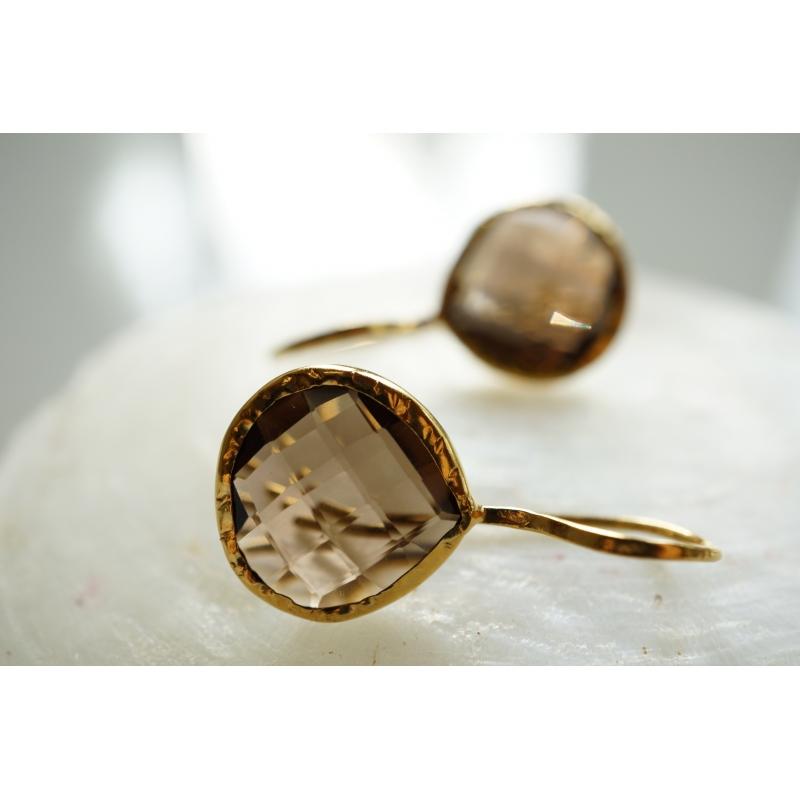 Karawan Authentic Boucles D'oreilles Plaqué Or "Drop" Quartz Fumé