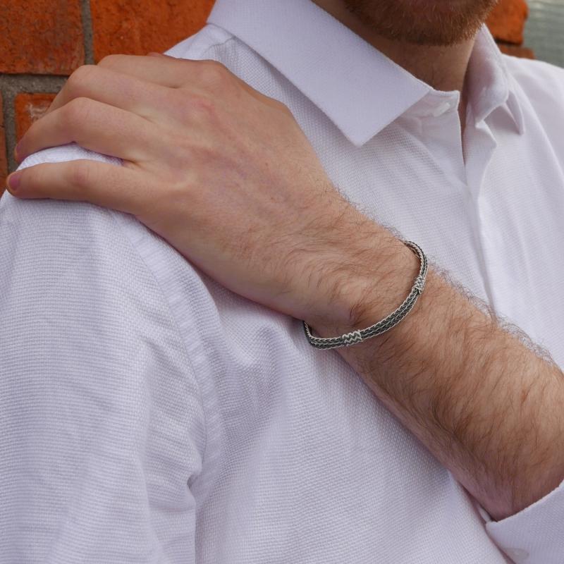 Karawan Authentic Bracelet Double Tresse Fine + 3 Noeuds Coulants - Argent Et Argent Oxydé - Fait Main - Homme&femme