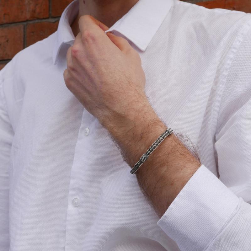 Karawan Authentic Bracelet Double Tresse Fine + 3 Noeuds Coulants - Argent Et Argent Oxydé - Fait Main - Homme&femme