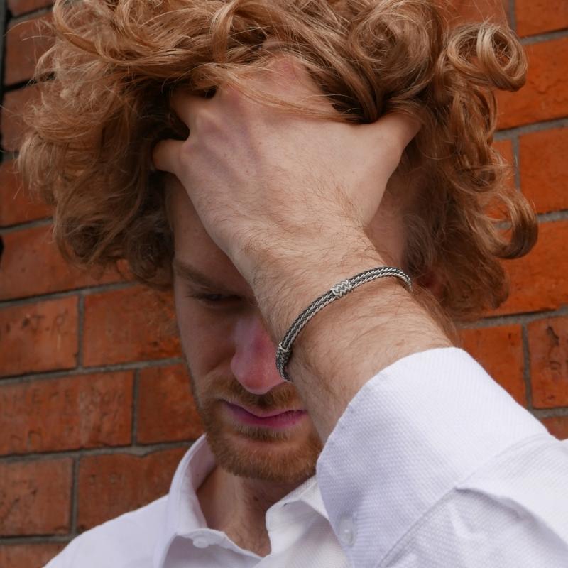 karawan authentic Bracelet double tresse fine + 3 noeuds coulants - Argent et argent oxydé - fait main - homme&femme