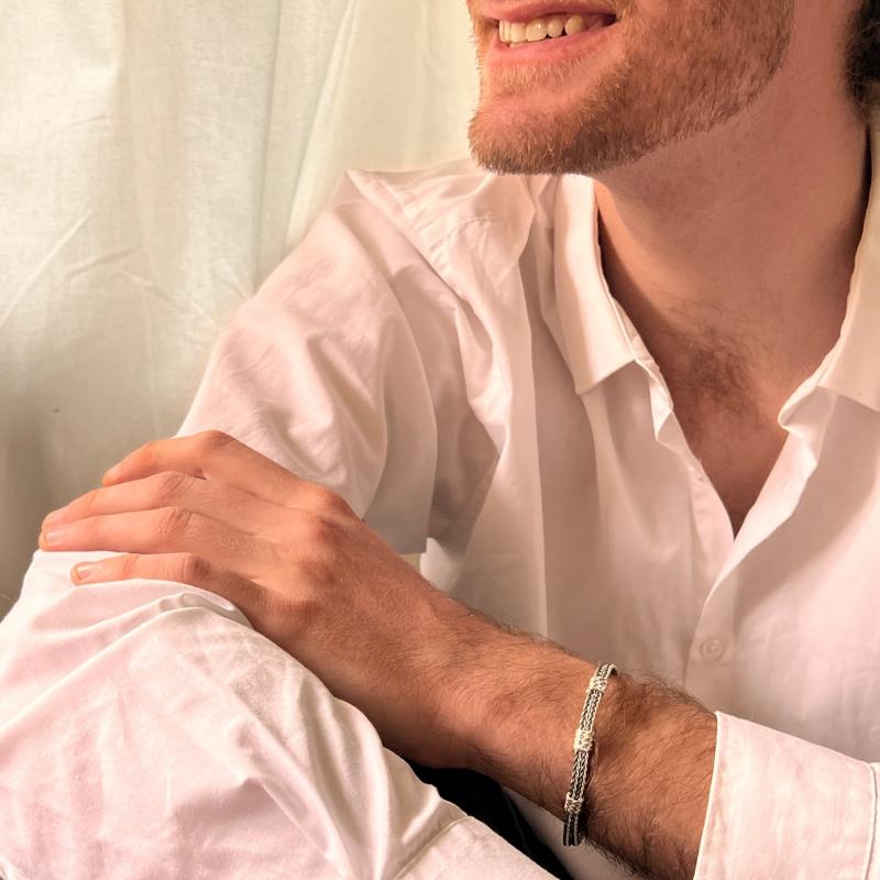 Karawan Authentic Bracelet Double Tresse Fine - Argent Et Argent Oxydé - Fait Main - Homme&femme