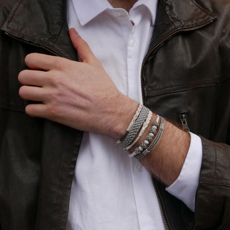 Karawan Authentic Bracelet Double Tresse Fine - Argent Et Argent Oxydé - Fait Main - Homme&femme
