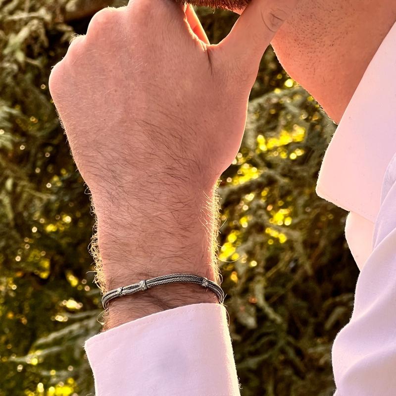 karawan authentic Bracelet double tresse fine - Argent et argent oxydé - fait main - homme&femme