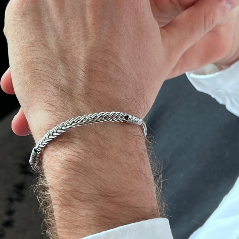 Karawan Authentic Bracelet Tresse Fine - Argent Et Argent Oxydé - Fait Main - Homme&femme