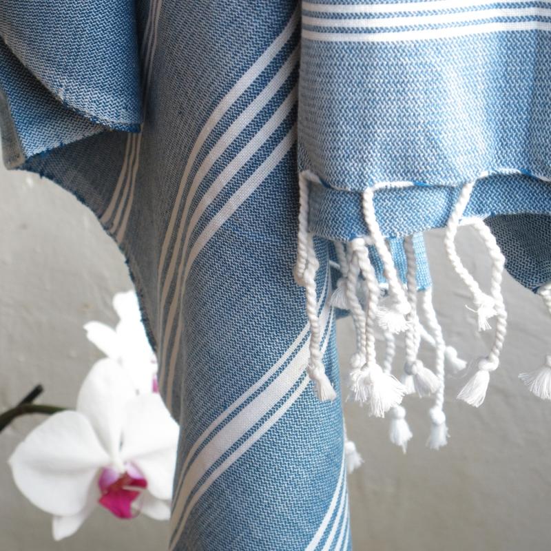 Karawan Authentic Fouta En Coton Biologique Blanc Et Océan