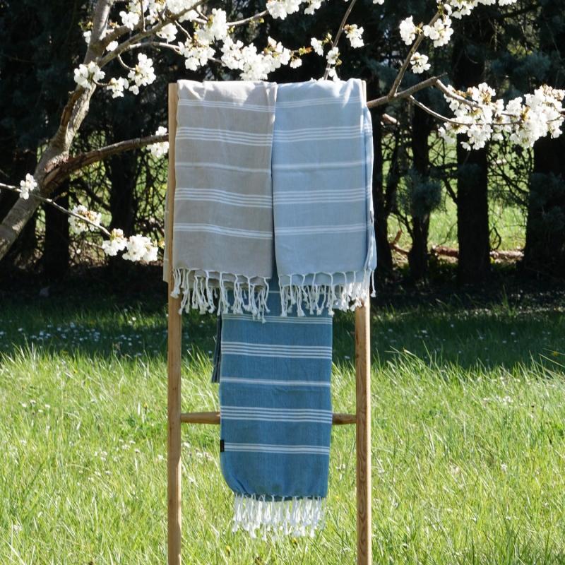Karawan Authentic Fouta En Coton Biologique Blanc Et Océan