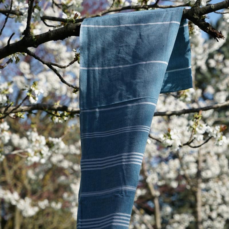 Karawan Authentic Fouta En Coton Biologique Blanc Et Océan